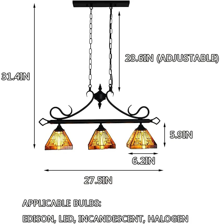 Adjustable 3-Light Stained Glass  Chandelier