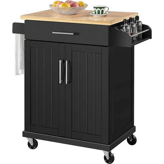 Wooden Kitchen Island On Wheels with Storage Cabinet and Drawer