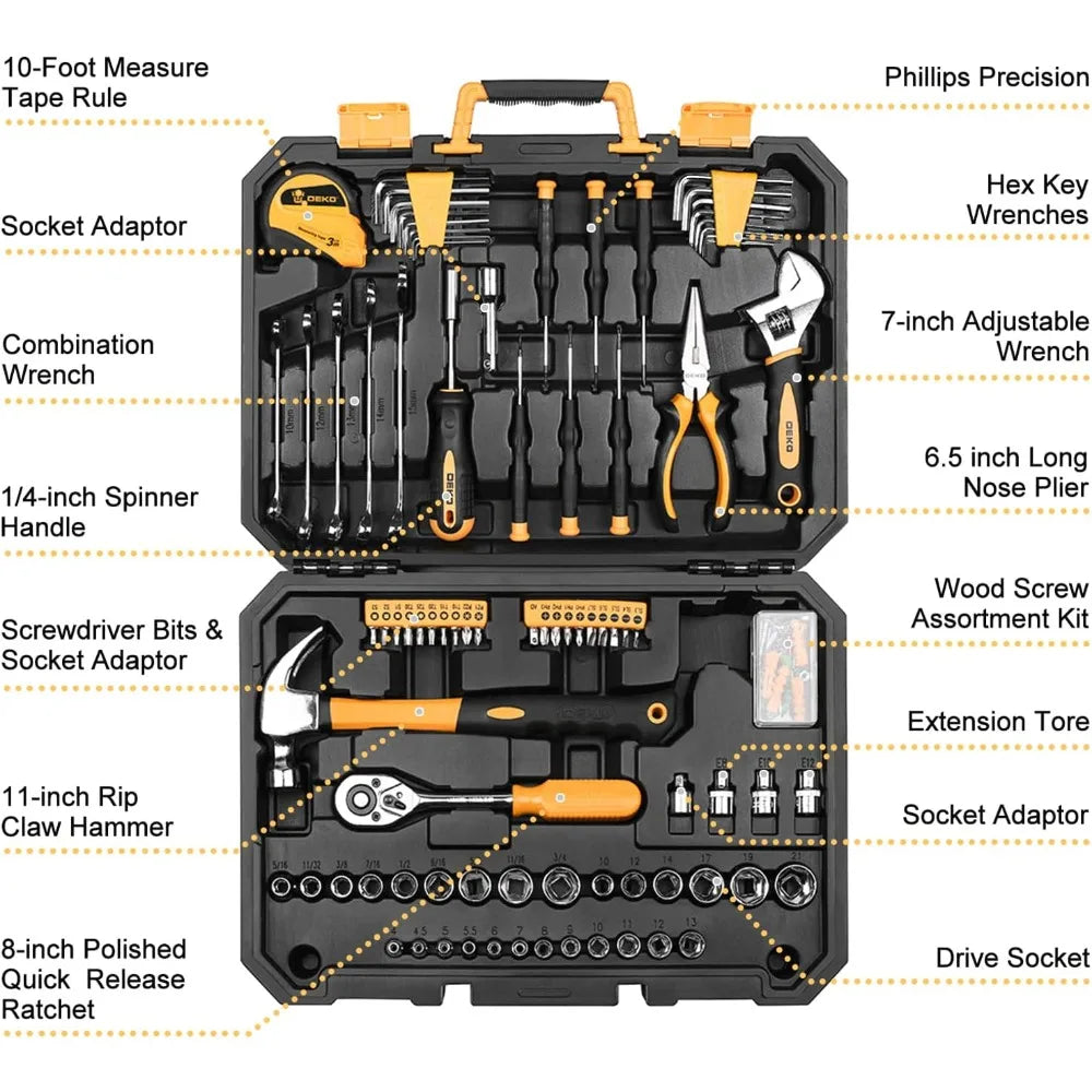 128 Piece Household Hand Tool Kit with Plastic Storage Case