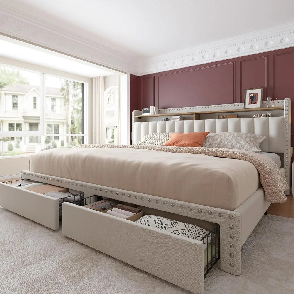 Bed Frame with Upholstered Headboard and Storage