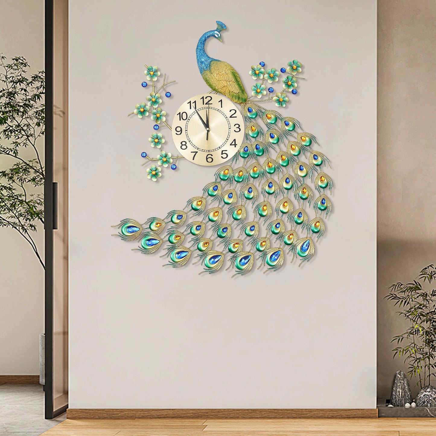 Large 8.26'' Silent Metal 3D Peacock Wall Clock