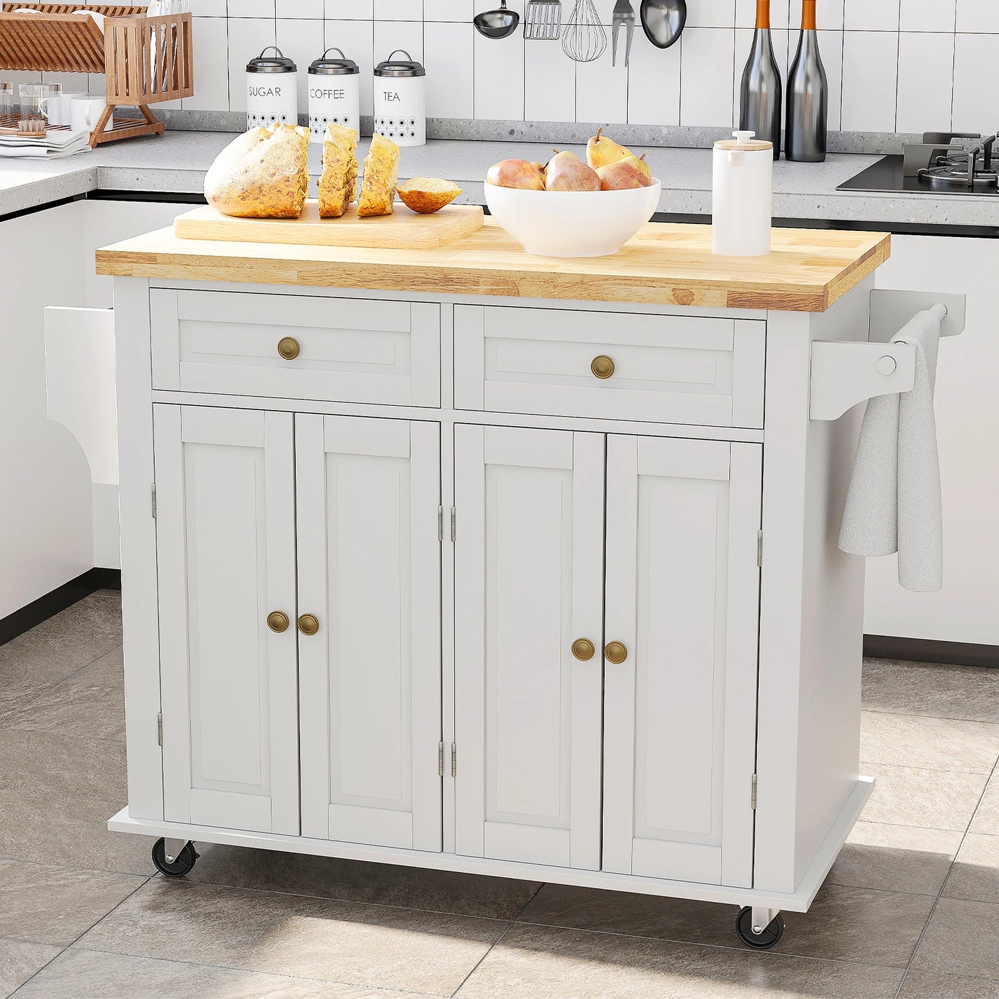 43" Rolling Kitchen Cart with Wood Top Breakfast Bar