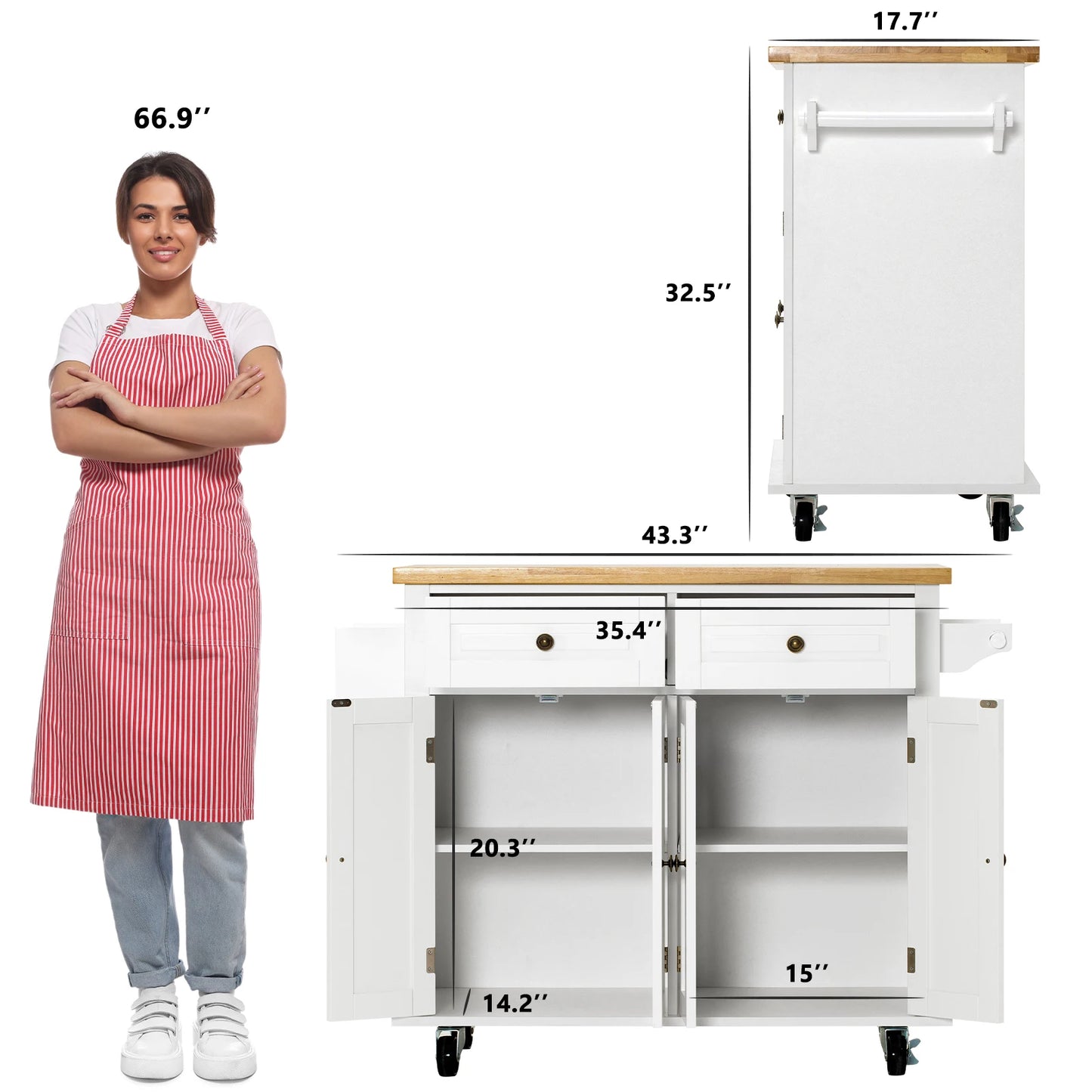 43" Rolling Kitchen Cart with Wood Top Breakfast Bar