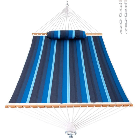 Fade Resistant, Double Size Quilted Hammock with Hardwood Spreader Bar