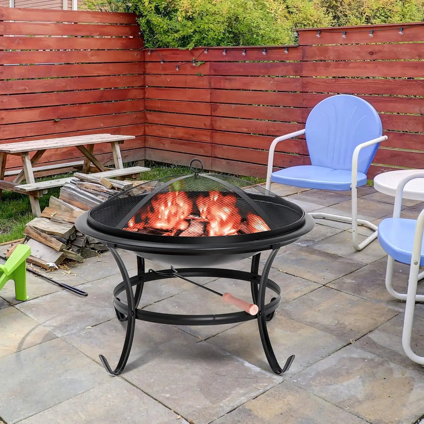 Steel Fire Pit  with Mesh Screen & Fire Poker