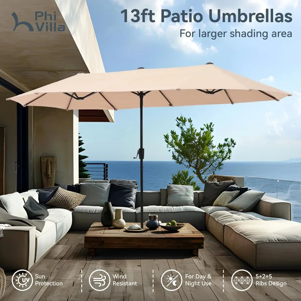 13ft Large Double-Sided Patio Umbrella with Crank up Canopy