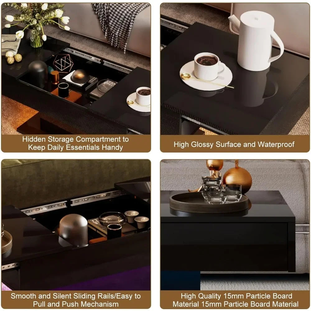 Sliding Top Coffee Table, with Hidden Storage & LED Light