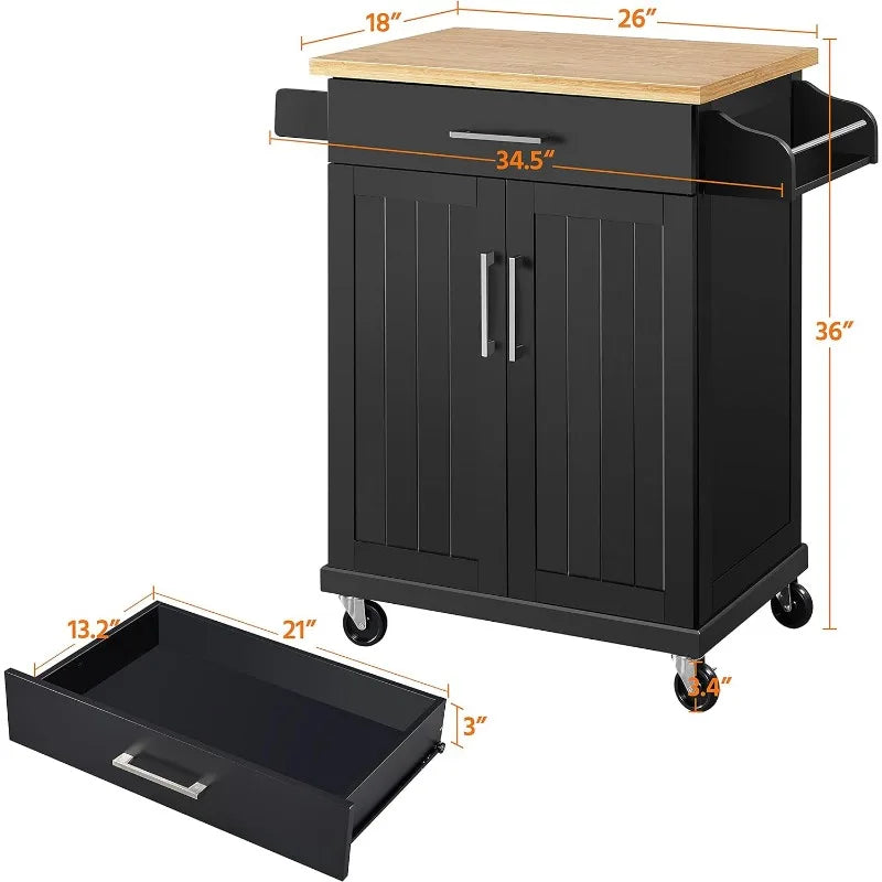 Wooden Kitchen Island On Wheels with Storage Cabinet and Drawer