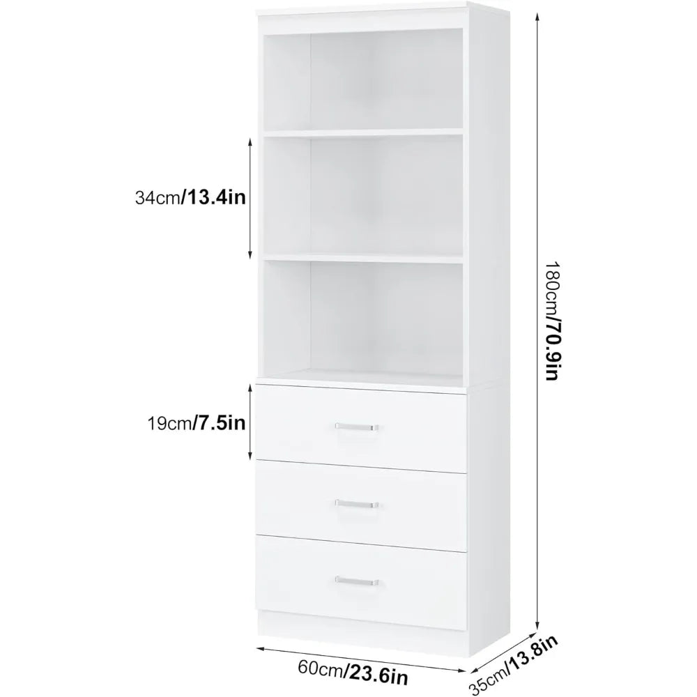 71 Inch Tall Wooden Bookshelf, with 3 Drawer Storage Cabinet
