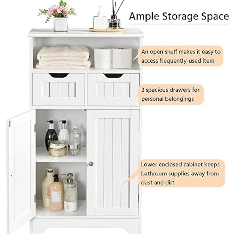 Bathroom Storage Cabinet with 2 Drawers & Adjustable Shelf, 2 Doors Bathroom Floor Cabinet, Wooden Cupboard for Living Room