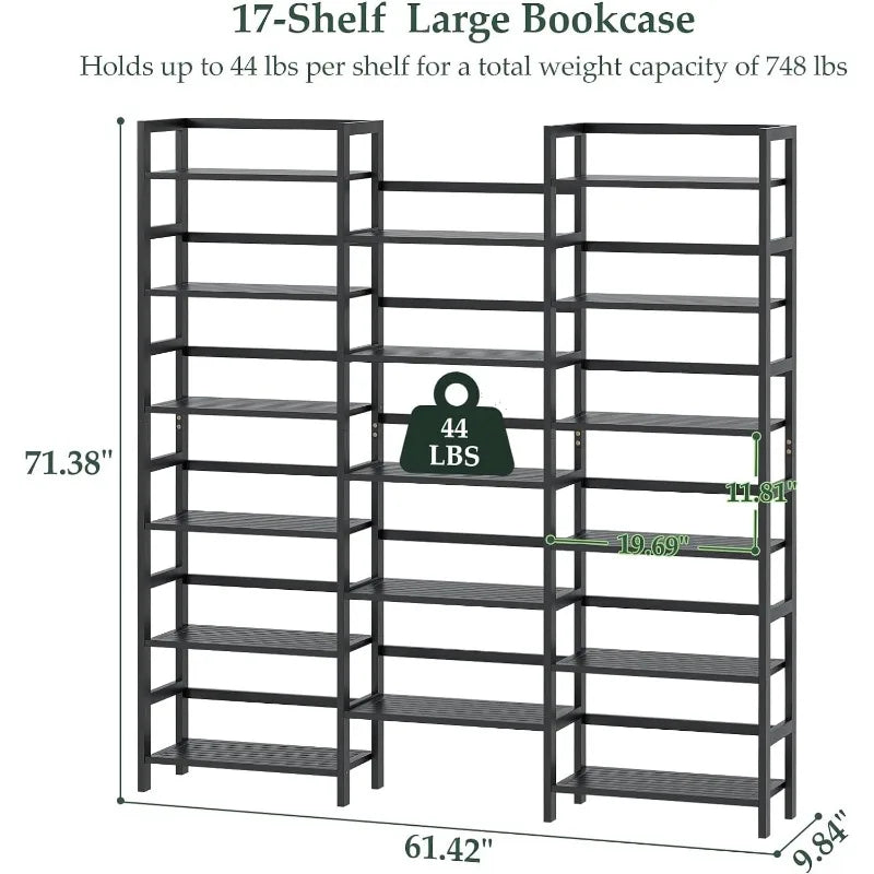 Triple Wide 6-Tier Bamboo Bookshelf, 6ft Tall Bookcase