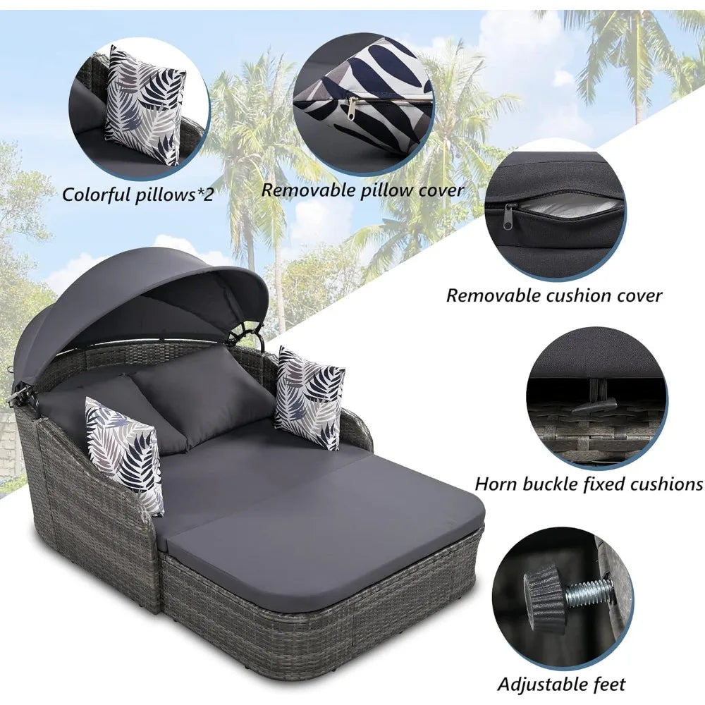 79.9" Outdoor Daybed with Adjustable Canopy and 4 Pillows