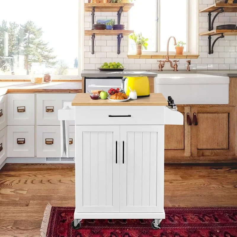 Wooden Kitchen Island On Wheels with Storage Cabinet and Drawer