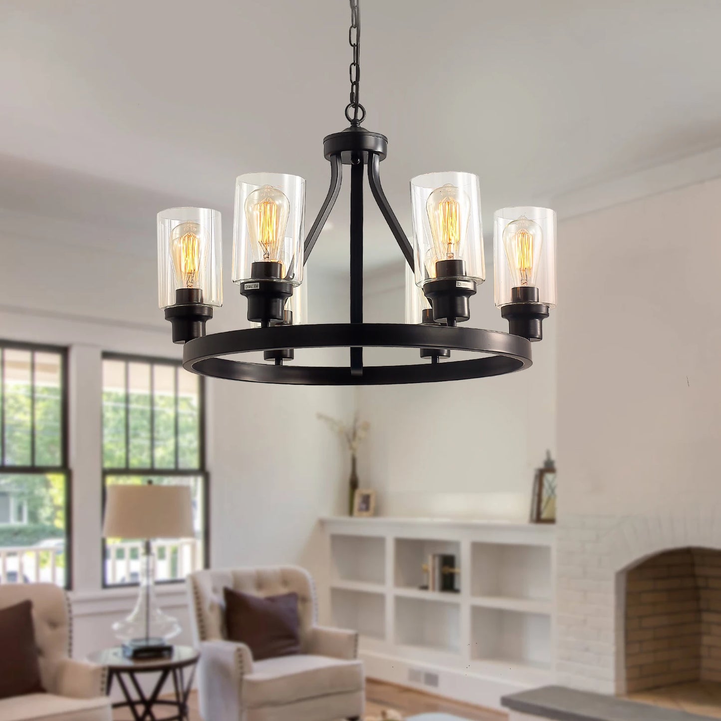 Rustic Farmhouse Black Metal 6-Light Wagon Wheel Chandelier Light