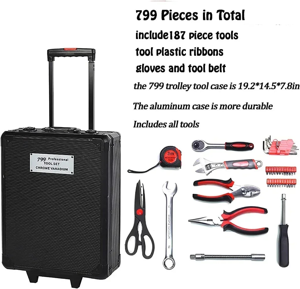 799 pcs, Aluminum Household Hand Tool Set, with Tool Belt