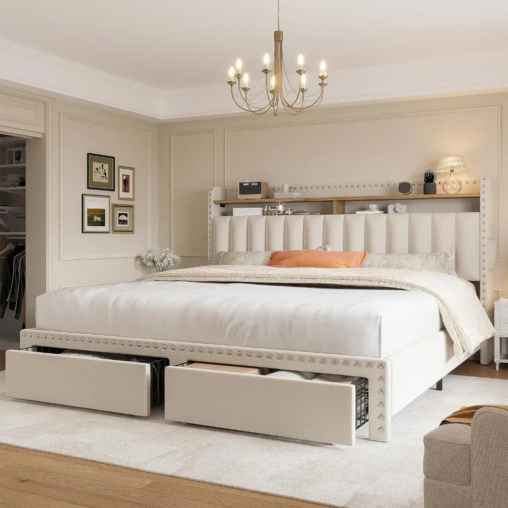 Bed Frame with Upholstered Headboard and Storage