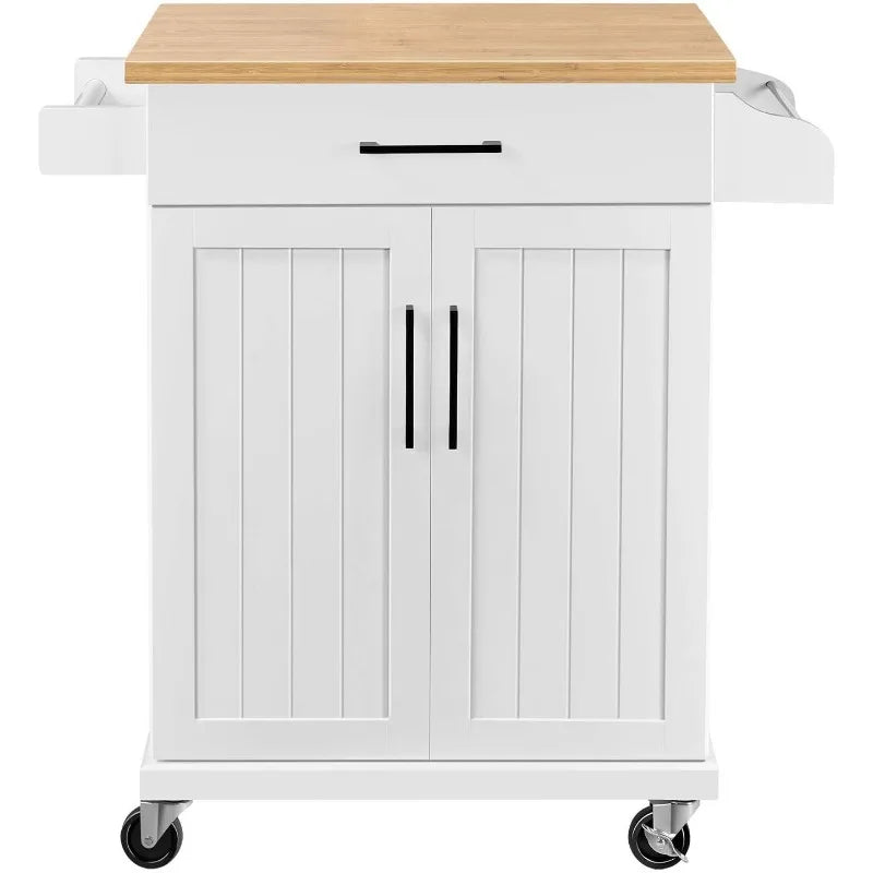 Wooden Kitchen Island On Wheels with Storage Cabinet and Drawer