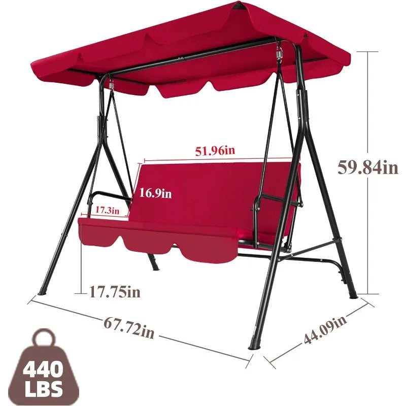 3-Seat, Outdoor Patio Swing with Adjustable Tilt Canopy