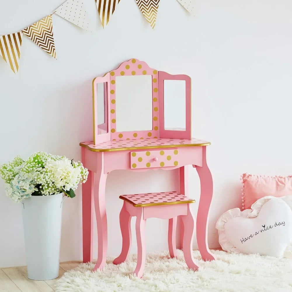 Children's dressing table and chair with mirror, storage drawer