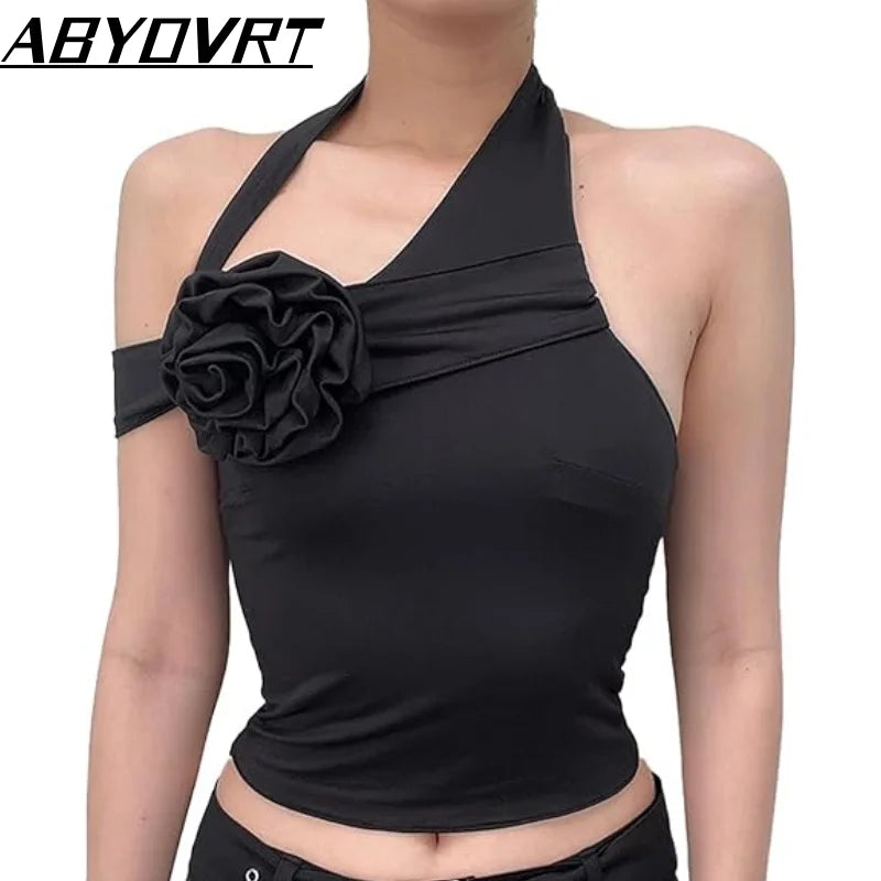 Women's Strapless Open Navel Flower Decoration Ribbon Top