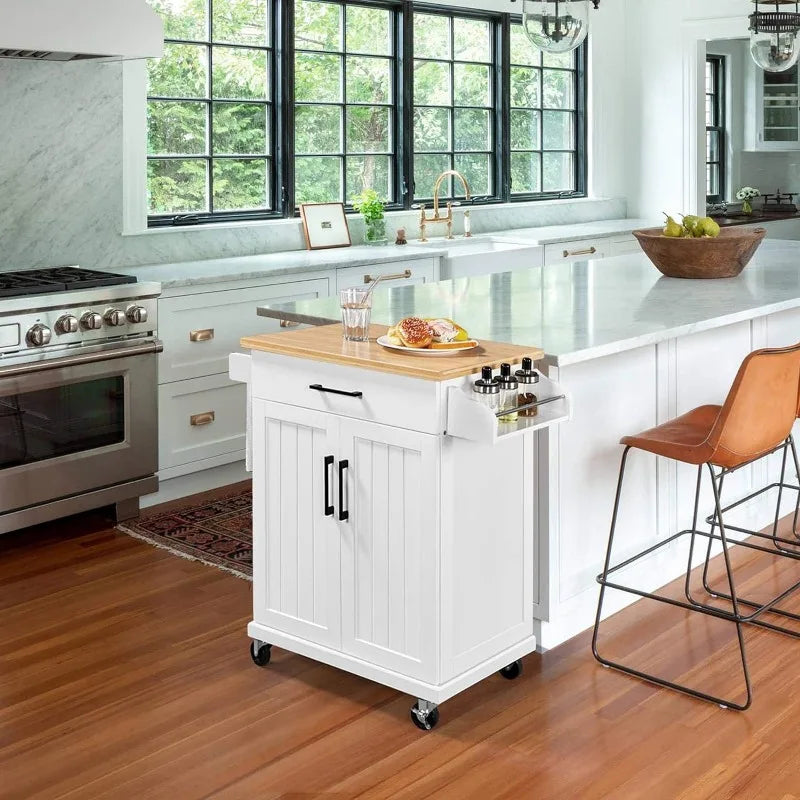 Wooden Kitchen Island On Wheels with Storage Cabinet and Drawer