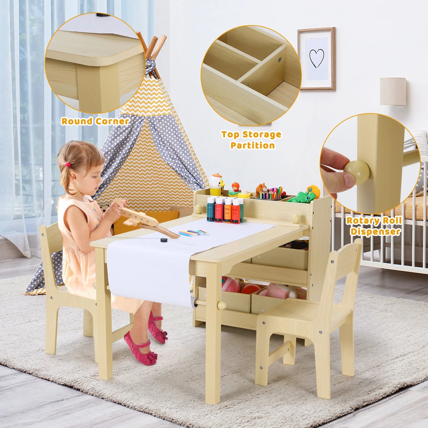 Kids Art Table and 2 Chairs With 4 Storage Bins