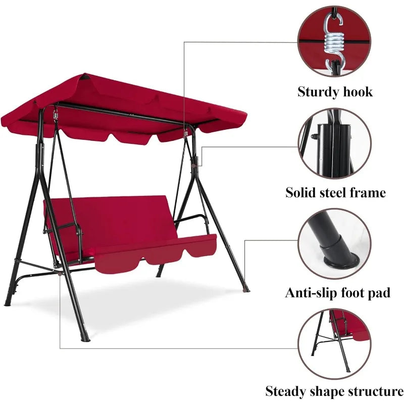 3-Seat, Outdoor Patio Swing with Adjustable Tilt Canopy