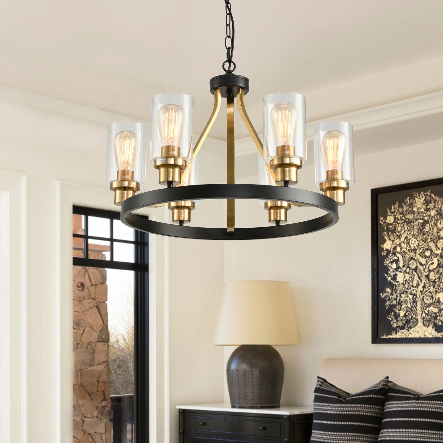 Rustic Farmhouse Black Metal 6-Light Wagon Wheel Chandelier Light