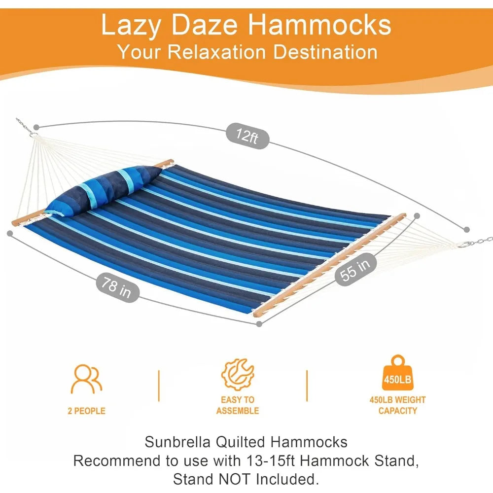 Fade Resistant, Double Size Quilted Hammock with Hardwood Spreader Bar